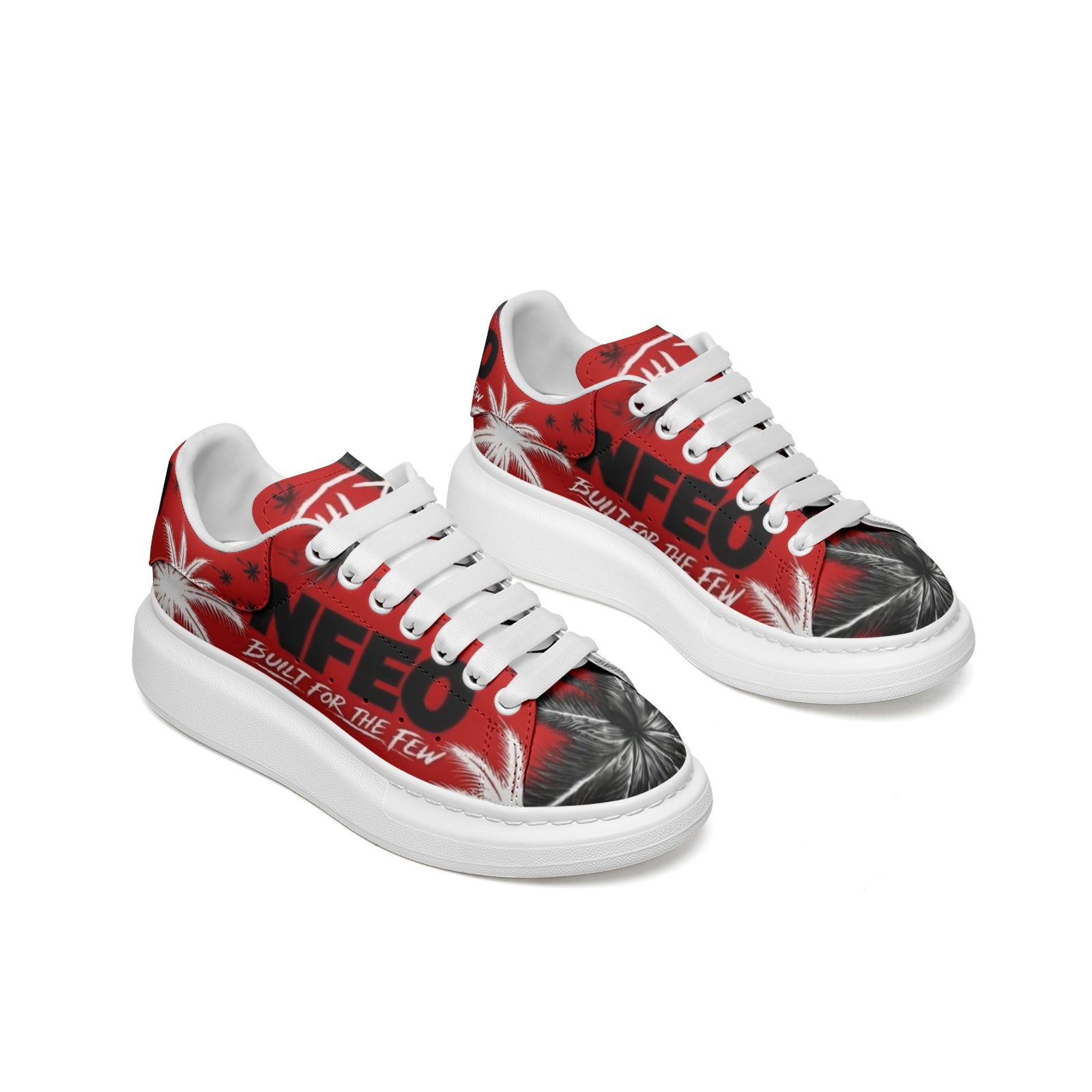 Side by side view: NFEO Crimson Signature Designer Sneaker, Built For The Few luxury streetwear. Red, black, and white custom footwear featuring iconic palm tree pattern, bold NFEO typography, and premium urban aesthetics. High-fashion limited edition luxury sneaker for men and women, perfect for urban style and sneaker collectors. Authentic designer streetwear brand aesthetic. Custom graphic palm design.