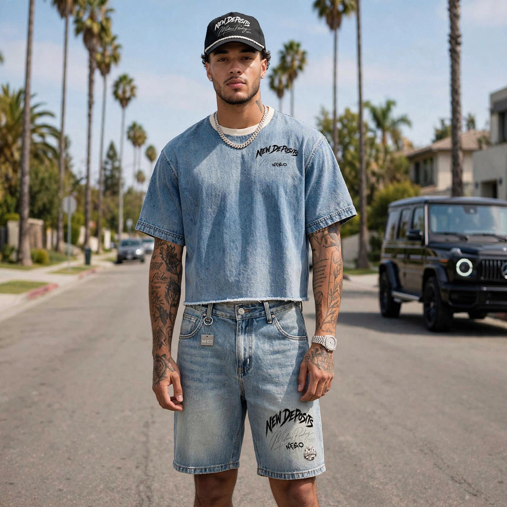 Front display of:
A man stands on a palm-tree-lined street wearing a light blue cropped NFEO boxy denim t-shirt and matching light blue denim shorts with 'New Darps' graphics, a black baseball cap, and a silver chain necklace.