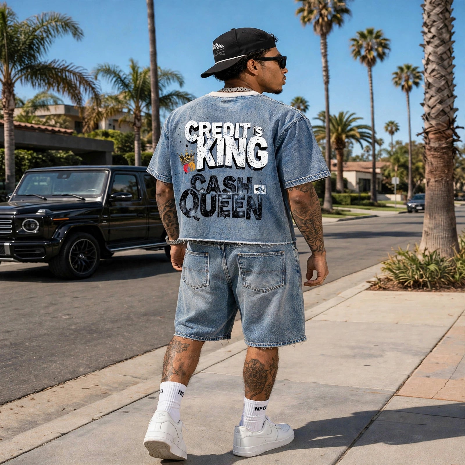 A man stands on a sunny sidewalk wearing NFEO a light-wash denim short-sleeve t-shirt and matching denim shorts, with a large graphic printed on the back reading 'CREDIT'S KING CASH QUEEN'. He is wearing a black cap, sunglasses, white sneakers, and white socks.