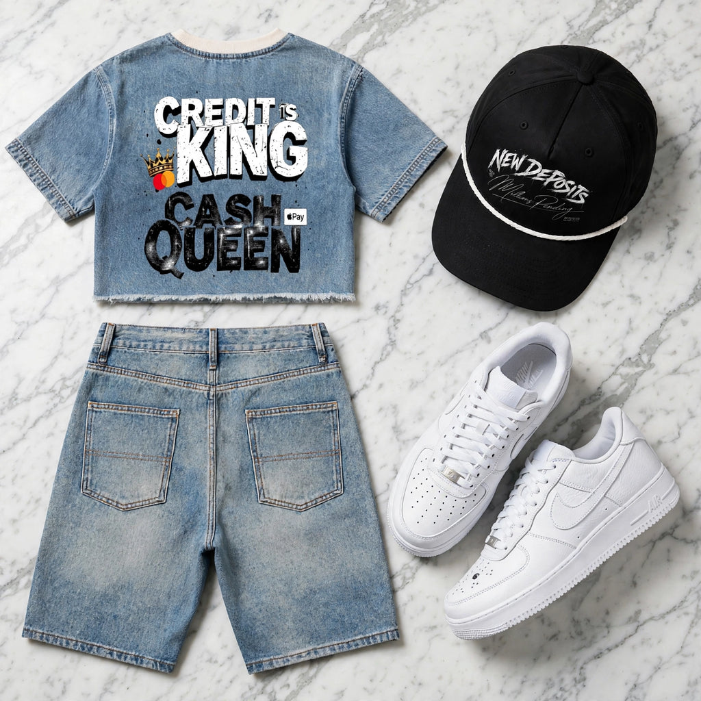 Back display of: NFEO Vintage set
A styled flat-lay outfit on a white marble background featuring a light blue cropped denim T-shirt with a bold graphic print, matching light blue denim shorts, a black baseball cap with white embroidery, and a pair of white low-top sneakers.