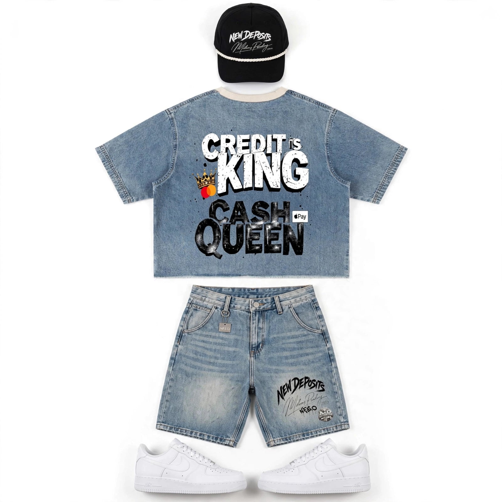 FLAT-LAY:NFEO 
Millions Pending NFEO Heavyweight Vintage-Washed Denim Set – Distressed Raw-Hem Crop Tee and Matching Denim Shorts Featuring New Deposits Branding and Credit Is King Cash Queen Back Graphic
