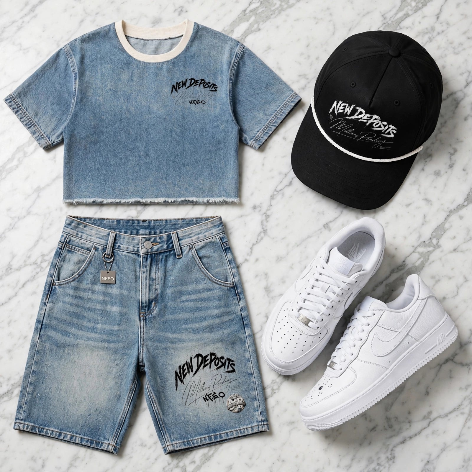Front Display of:
A styled flat-lay outfit NFEO set featuring a light blue cropped denim t-shirt, matching light blue denim shorts, a black baseball cap, and a pair of white low-top sneakers, all arranged on a white and gray marble surface. The denim pieces feature 'NewDeposits' branding.