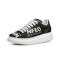 NFEO Built For The Few custom platform sneakers by Millions Pending. This streetwear-inspired chunky kick features premium black leather, signature palm tree print, fat white laces, and a bold white platform sole. The ultimate designer statement piece for the urban grind. Built for those who demand elite style and all-day comfort. Not For Everyone.