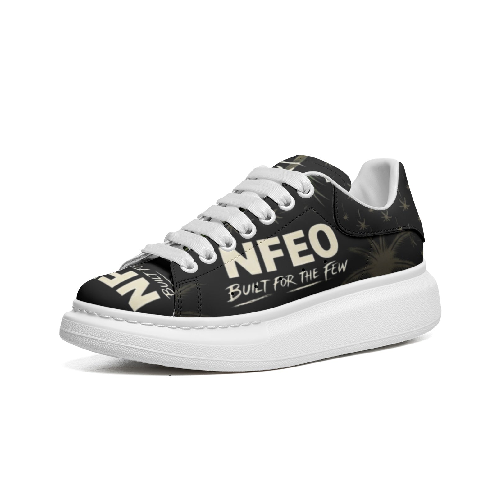 NFEO Built For The Few custom platform sneakers by Millions Pending. This streetwear-inspired chunky kick features premium black leather, signature palm tree print, fat white laces, and a bold white platform sole. The ultimate designer statement piece for the urban grind. Built for those who demand elite style and all-day comfort. Not For Everyone.