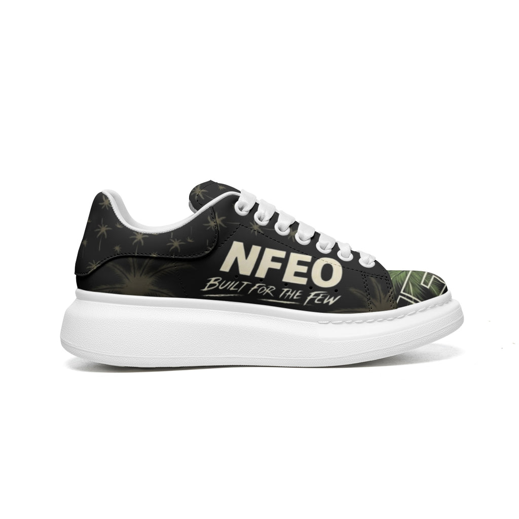 NFEO Built For The Few custom platform sneakers by Millions Pending. This streetwear-inspired chunky kick features premium black leather, signature palm tree print, fat white laces, and a bold white platform sole. The ultimate designer statement piece for the urban grind. Built for those who demand elite style and all-day comfort. Not For Everyone.