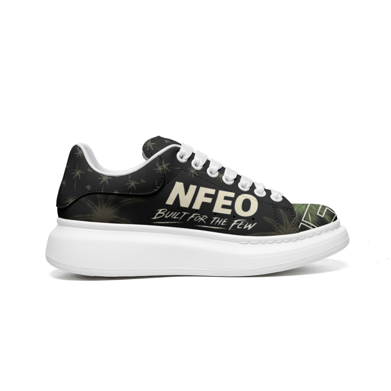 NFEO Built For The Few custom platform sneakers by Millions Pending. This streetwear-inspired chunky kick features premium black leather, signature palm tree print, fat white laces, and a bold white platform sole. The ultimate designer statement piece for the urban grind. Built for those who demand elite style and all-day comfort. Not For Everyone.