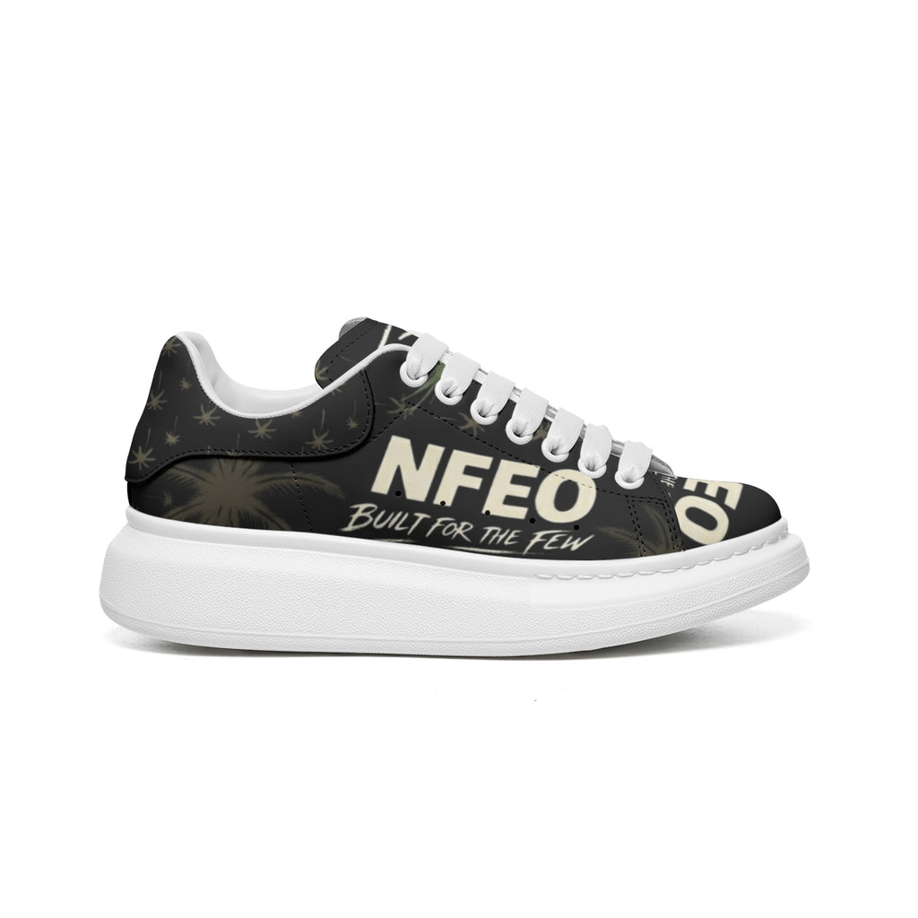 NFEO Built For The Few custom platform sneakers by Millions Pending. This streetwear-inspired chunky kick features premium black leather, signature palm tree print, fat white laces, and a bold white platform sole. The ultimate designer statement piece for the urban grind. Built for those who demand elite style and all-day comfort. Not For Everyone.