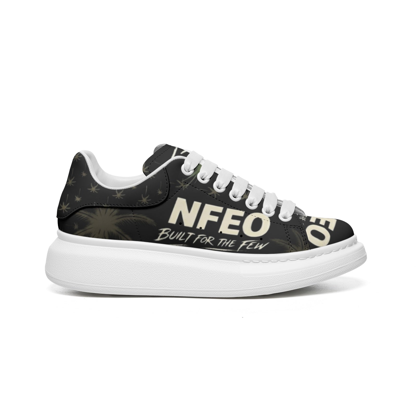 NFEO Built For The Few custom platform sneakers by Millions Pending. This streetwear-inspired chunky kick features premium black leather, signature palm tree print, fat white laces, and a bold white platform sole. The ultimate designer statement piece for the urban grind. Built for those who demand elite style and all-day comfort. Not For Everyone.