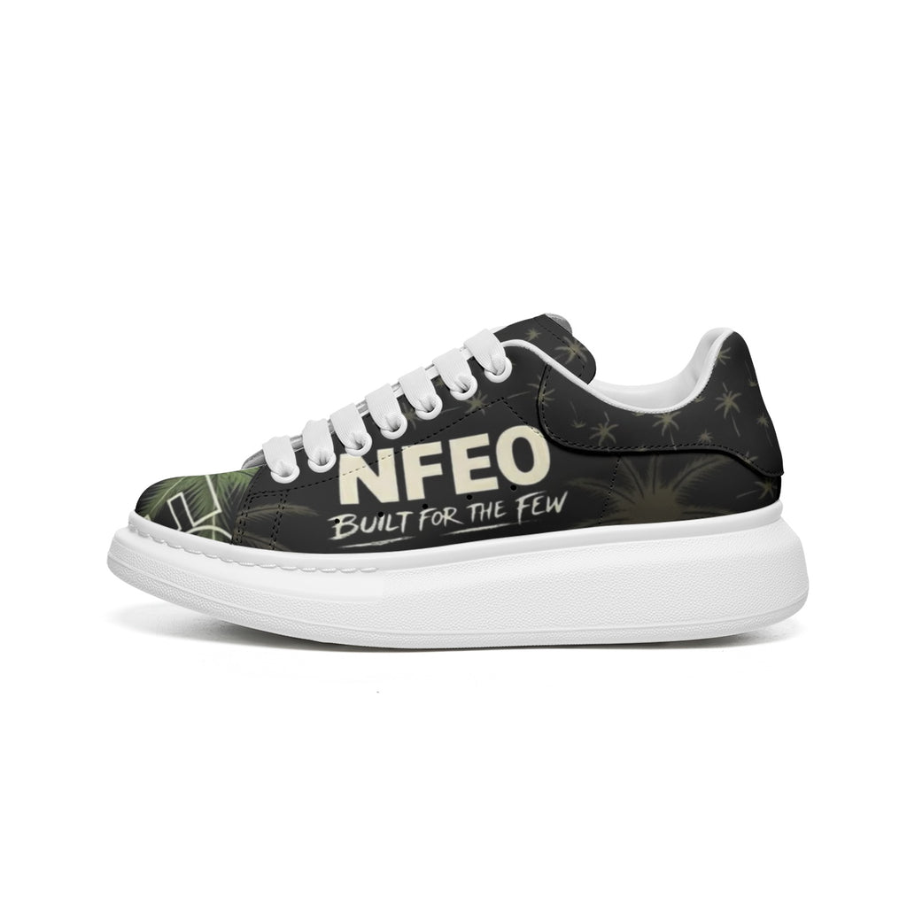 NFEO Built For The Few custom platform sneakers by Millions Pending. This streetwear-inspired chunky kick features premium black leather, signature palm tree print, fat white laces, and a bold white platform sole. The ultimate designer statement piece for the urban grind. Built for those who demand elite style and all-day comfort. Not For Everyone.