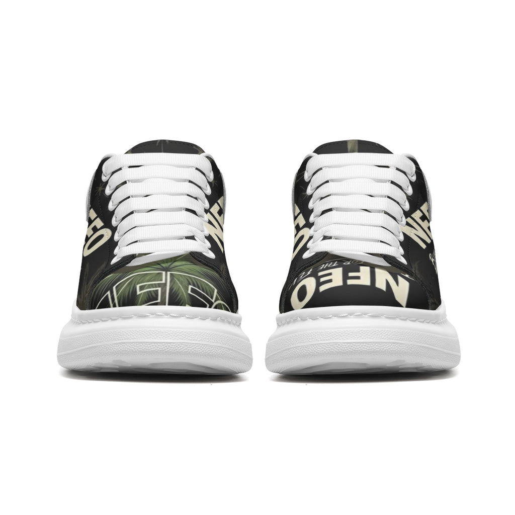 NFEO Built For The Few custom platform sneakers by Millions Pending. This streetwear-inspired chunky kick features premium black leather, signature palm tree print, fat white laces, and a bold white platform sole. The ultimate designer statement piece for the urban grind. Built for those who demand elite style and all-day comfort. Not For Everyone.