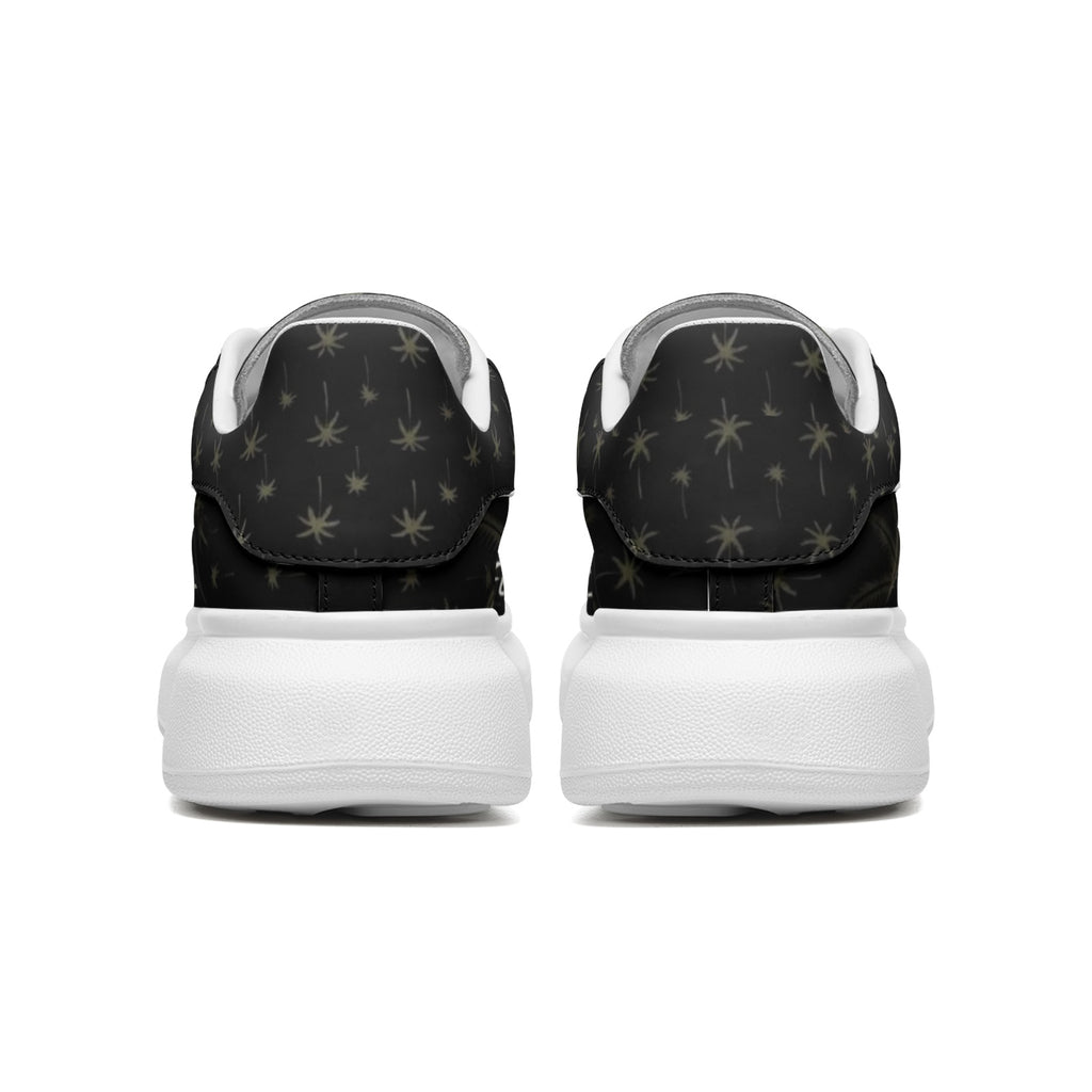 Back Heel view : NFEO Built For The Few custom platform sneakers by Millions Pending. This streetwear-inspired chunky kick features premium black leather, signature palm tree print, fat white laces, and a bold white platform sole. The ultimate designer statement piece for the urban grind. Built for those who demand elite style and all-day comfort. Not For Everyone.