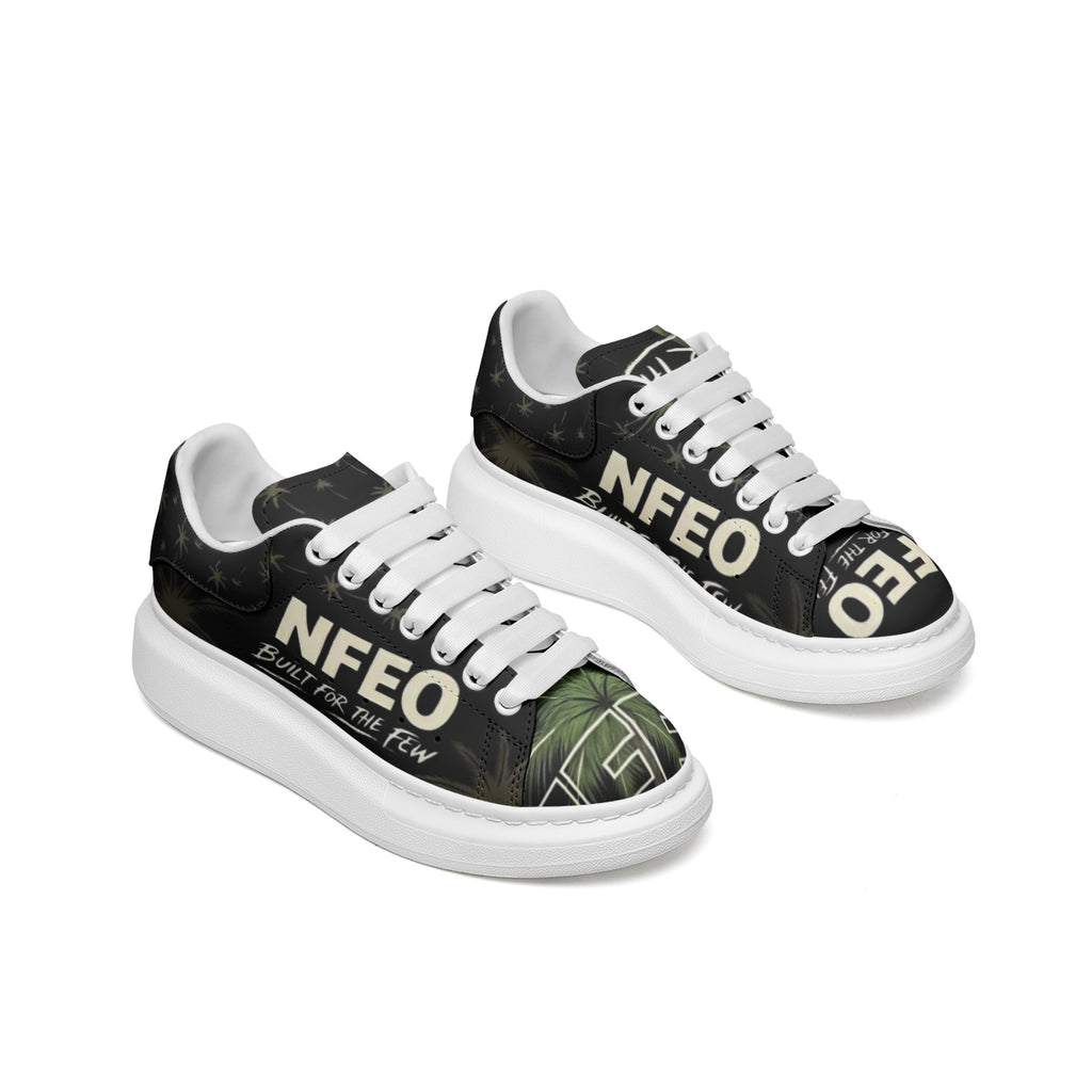 Side by side view: NFEO Built For The Few custom platform sneakers by Millions Pending. This streetwear-inspired chunky kick features premium black leather, signature palm tree print, fat white laces, and a bold white platform sole. The ultimate designer statement piece for the urban grind. Built for those who demand elite style and all-day comfort. Not For Everyone.