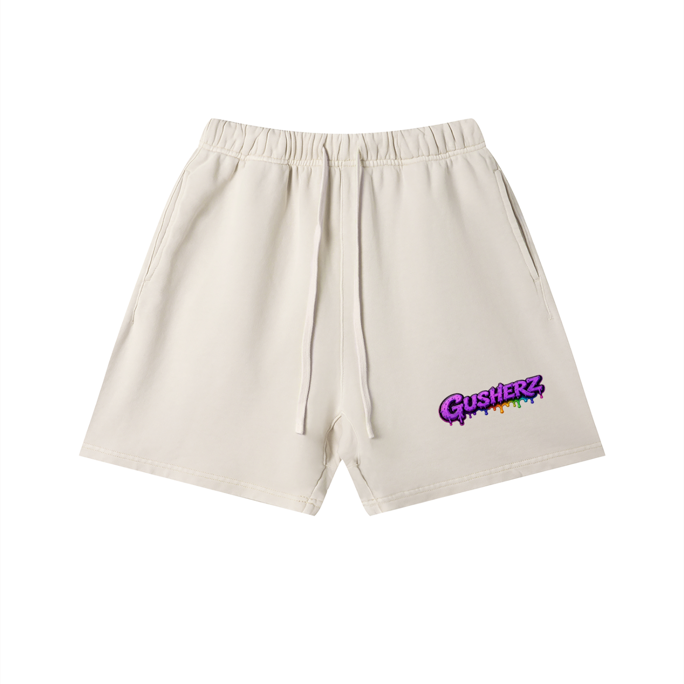 Off white,cream Gusherz athletic shorts with an elastic waistband and drawstring, featuring a purple and rainbow 'Gusherz logo on the lower left leg, shown against a plain white background.