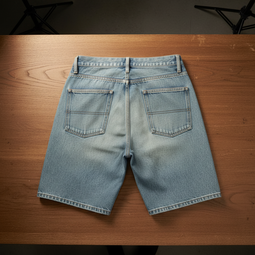 Back view of light blue denim shorts on a white background
