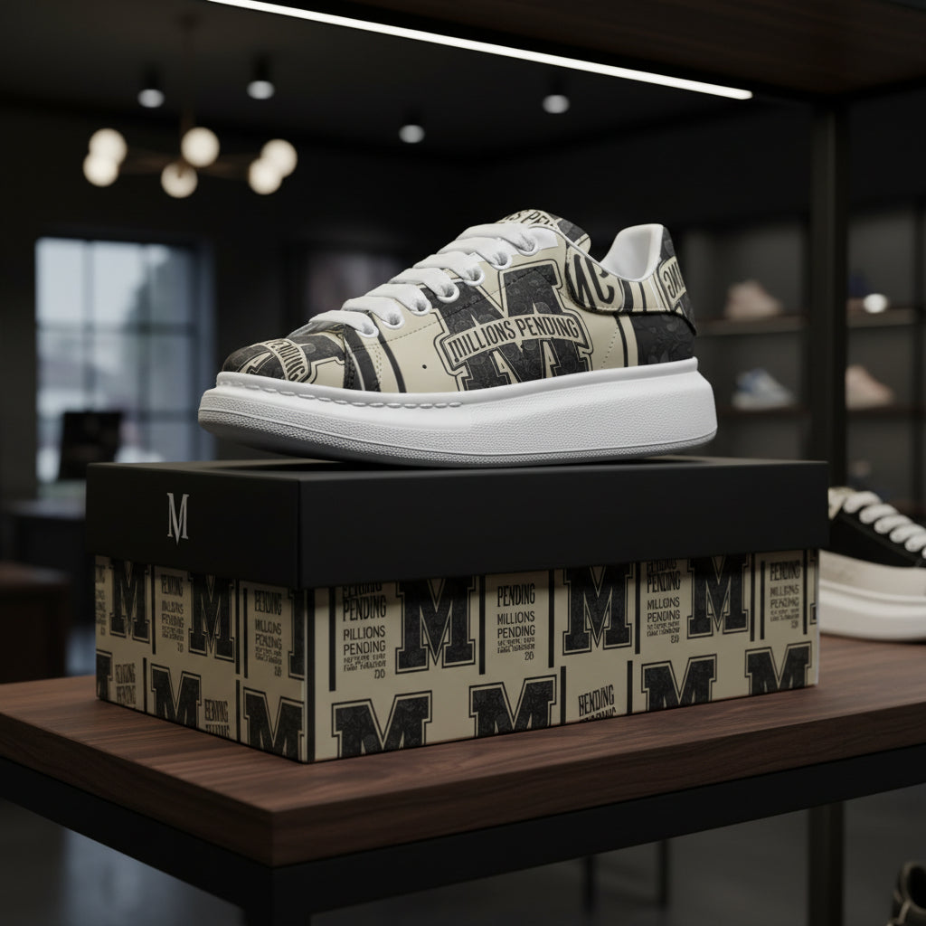 Front Left side View: NFEO Millions Pending Varsity Stripe Platform Sneakers premium side profile mockup highlighting luxury streetwear craftsmanship, premium faux leather construction, platform sole, varsity stripe artwork, signature branding, exclusive entrepreneur fashion styling, and Built For The Few design philosophy.