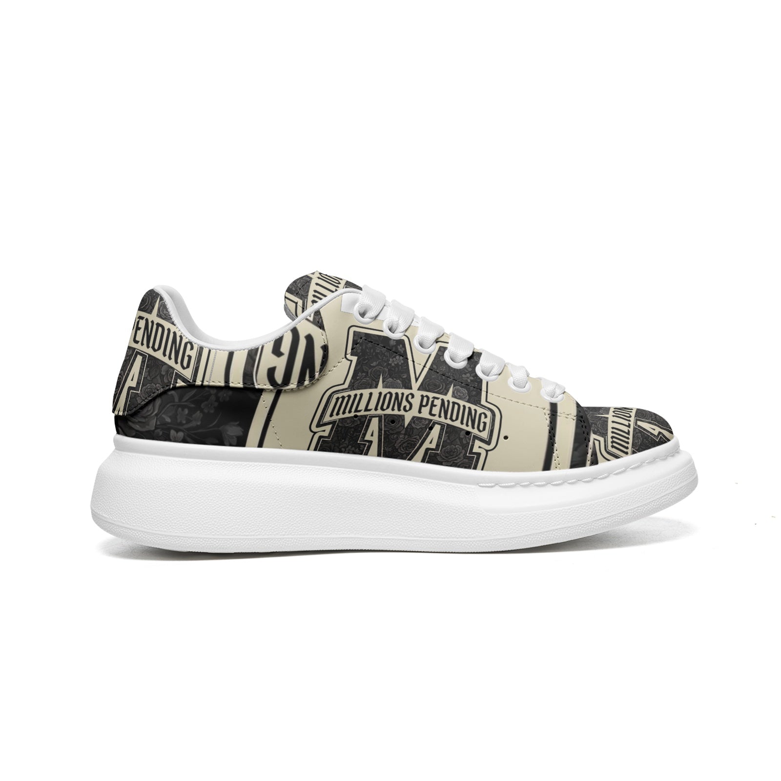 INNER LEFT SIDE VIEW: NFEO Millions Pending Varsity Stripe Platform Sneakers premium side profile mockup highlighting luxury streetwear craftsmanship, premium faux leather construction, platform sole, varsity stripe artwork, signature branding, exclusive entrepreneur fashion styling, and Built For The Few design philosophy.