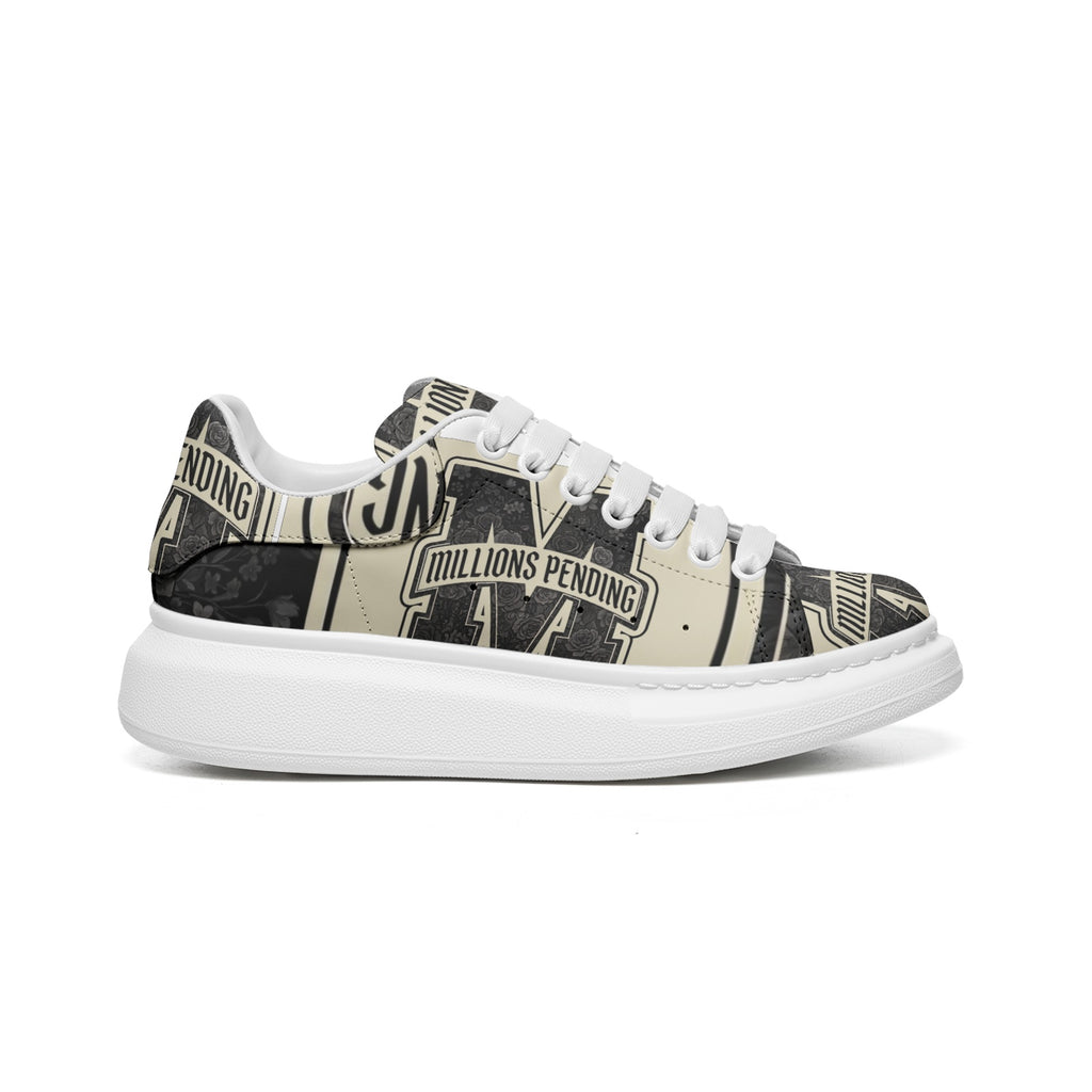 Outter Right Side View: NFEO Millions Pending Varsity Stripe Platform Sneakers premium side profile mockup highlighting luxury streetwear craftsmanship, premium faux leather construction, platform sole, varsity stripe artwork, signature branding, exclusive entrepreneur fashion styling, and Built For The Few design philosophy.