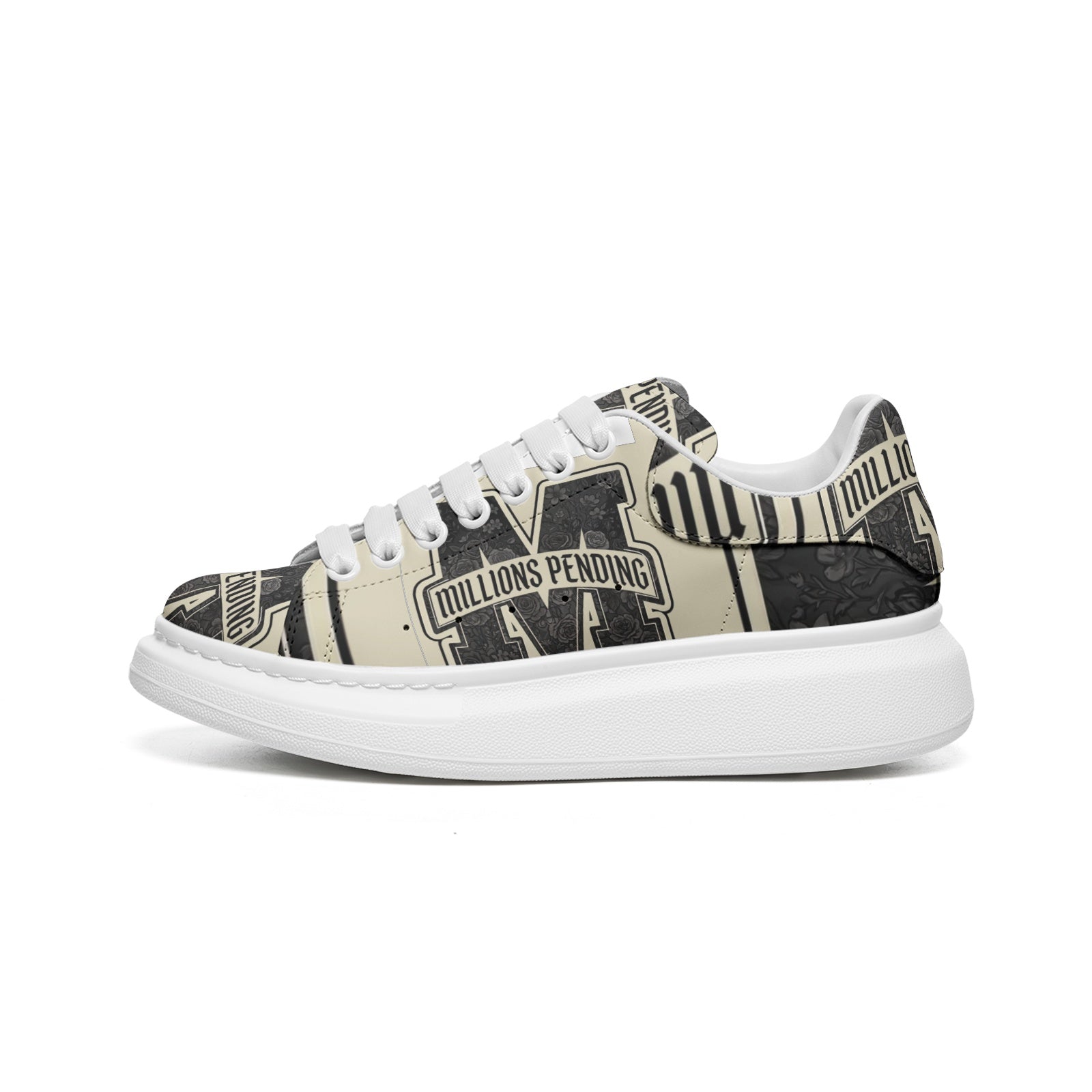 Left Side View: NFEO Millions Pending Varsity Stripe Platform Sneakers premium side profile mockup highlighting luxury streetwear craftsmanship, premium faux leather construction, platform sole, varsity stripe artwork, signature branding, exclusive entrepreneur fashion styling, and Built For The Few design philosophy.
