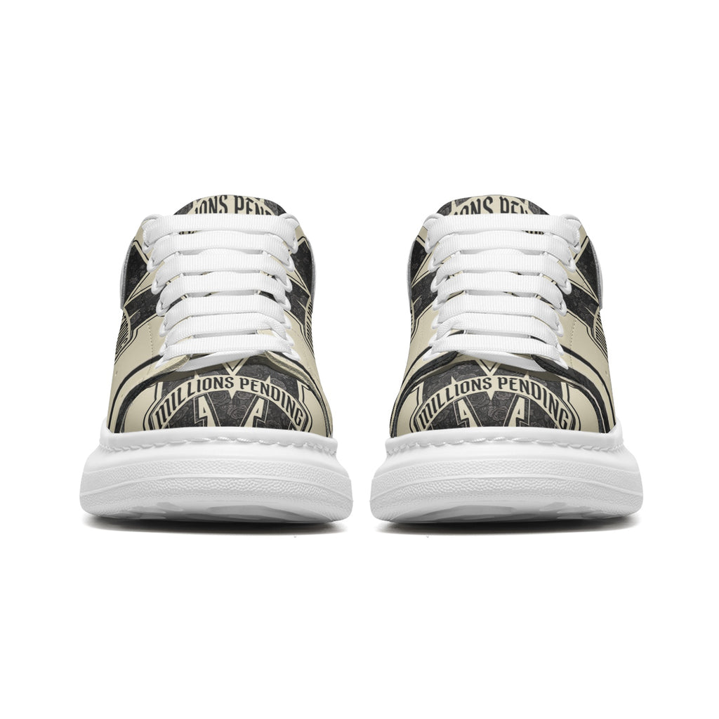 Side by side Front view: NFEO Millions Pending Varsity Stripe Platform Sneakers in premium cream, black, and ivory colorway displayed on luxury branded shoebox with bold entrepreneur streetwear graphics. Unisex chunky sole designer sneakers featuring premium faux leather, non-slip platform sole, exclusive fashion aesthetic, limited edition footwear, motivational NFEO Built For The Few branding, luxury urban sneaker collection for ambitious entrepreneurs and streetwear enthusiasts.