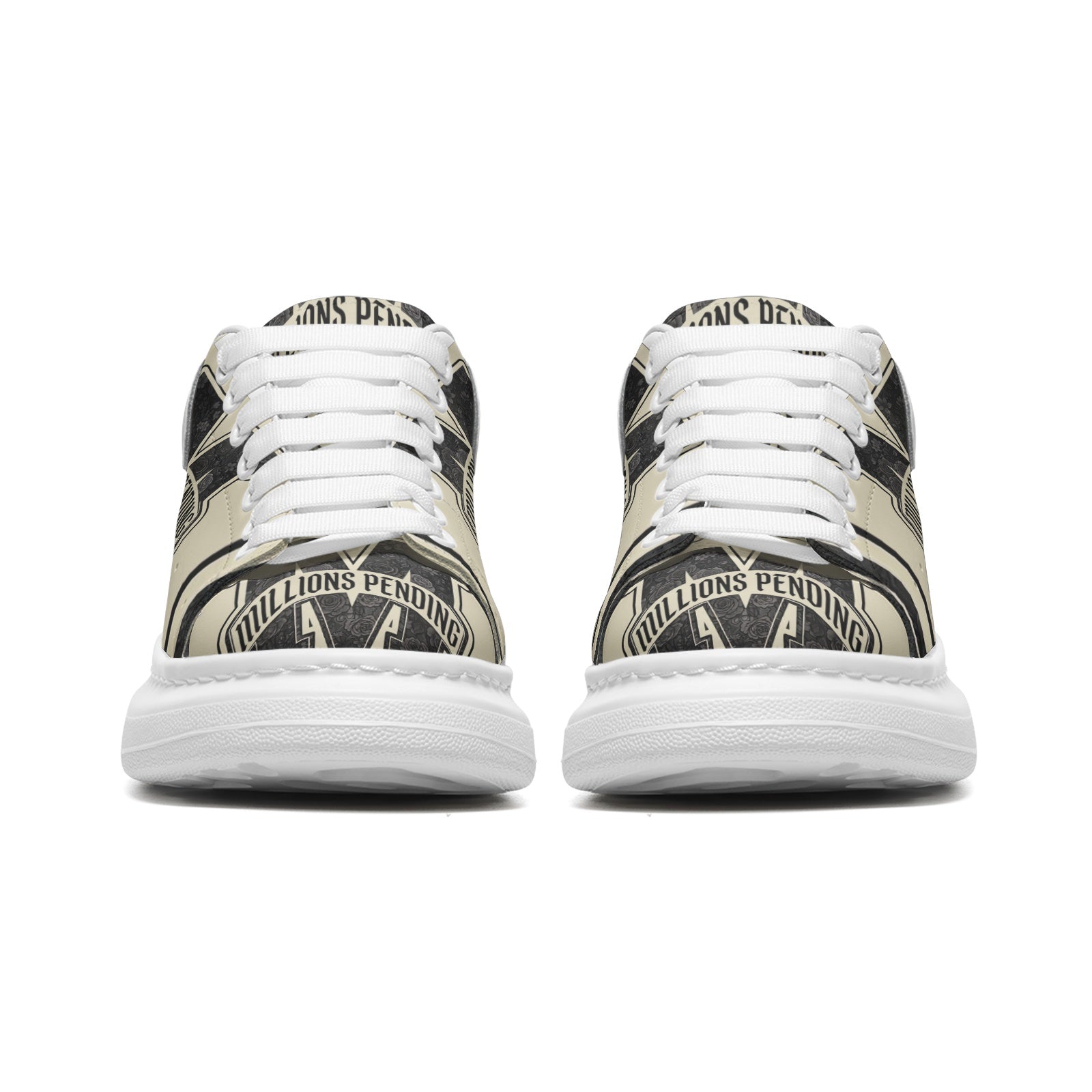 Side by side Front view: NFEO Millions Pending Varsity Stripe Platform Sneakers in premium cream, black, and ivory colorway displayed on luxury branded shoebox with bold entrepreneur streetwear graphics. Unisex chunky sole designer sneakers featuring premium faux leather, non-slip platform sole, exclusive fashion aesthetic, limited edition footwear, motivational NFEO Built For The Few branding, luxury urban sneaker collection for ambitious entrepreneurs and streetwear enthusiasts.