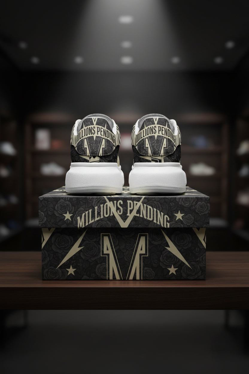 Side by side Back Heel view: NFEO Millions Pending Varsity Stripe Platform Sneakers premium rear view mockup displaying exclusive heel branding, luxury craftsmanship, platform sole construction, premium faux leather materials, varsity stripe details, and signature entrepreneur streetwear aesthetic.