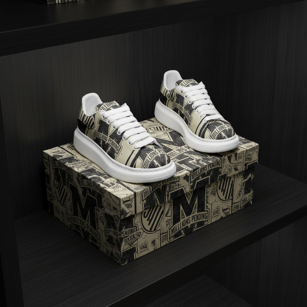 Side by side Birds Eye view: NFEO Millions Pending Varsity Stripe Platform Sneakers premium side profile mockup highlighting luxury streetwear craftsmanship, premium faux leather construction, platform sole, varsity stripe artwork, signature branding, exclusive entrepreneur fashion styling, and Built For The Few design philosophy.