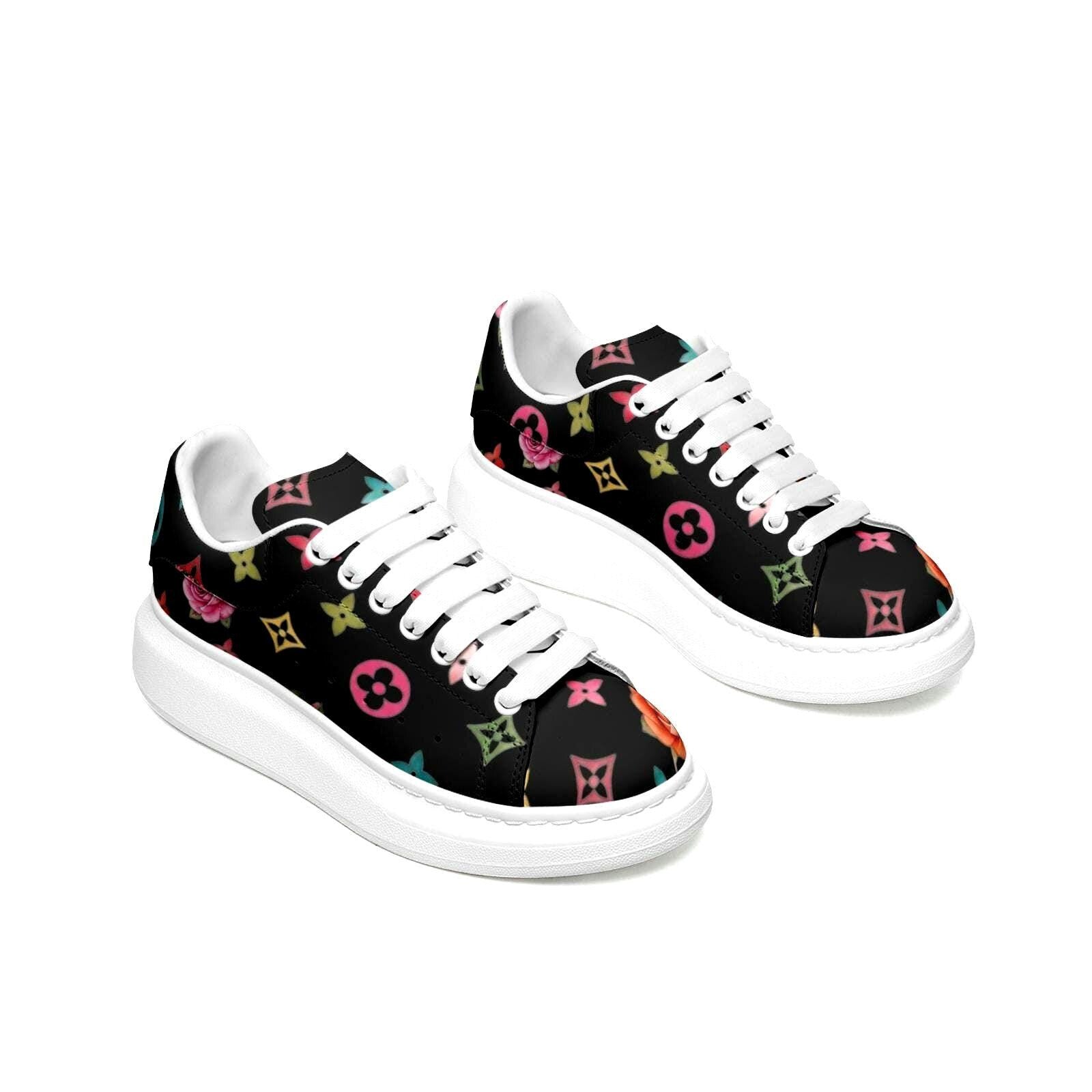 Custom Platform Sneakers Black Floral Shoes For Women Personalized Summer Gifts For Her Footwear