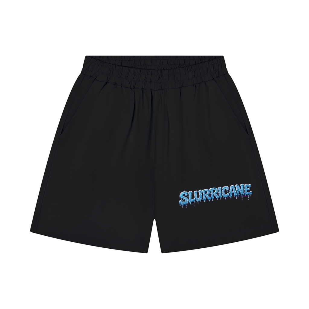 Black athletic shorts with an elastic waistband and a blue 'SLURRICANE' logo printed on the lower left leg, shown against a plain white background.