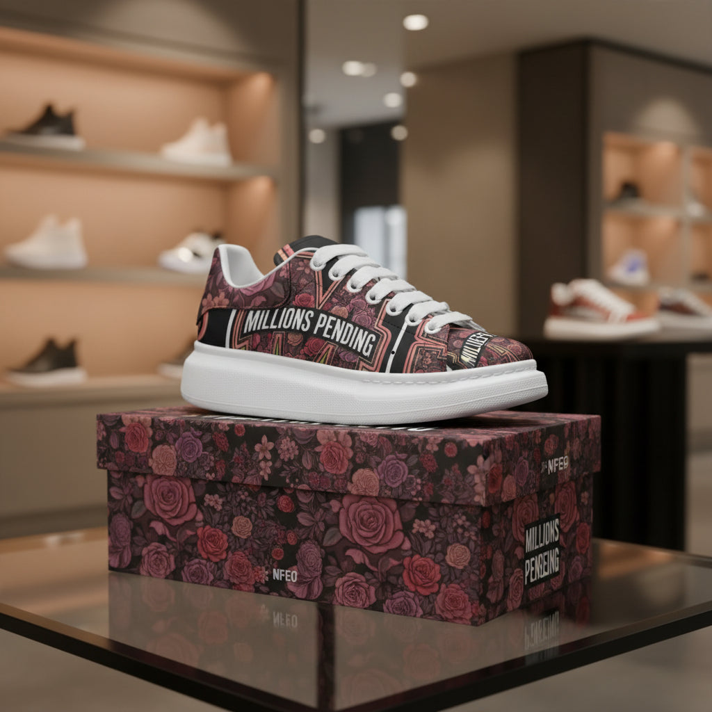 Side view on Top of shoe box: Women's NFEO Floral Platform Sneaker by Millions Pending, luxury tropical streetwear shoe with signature typography stamp branding.
