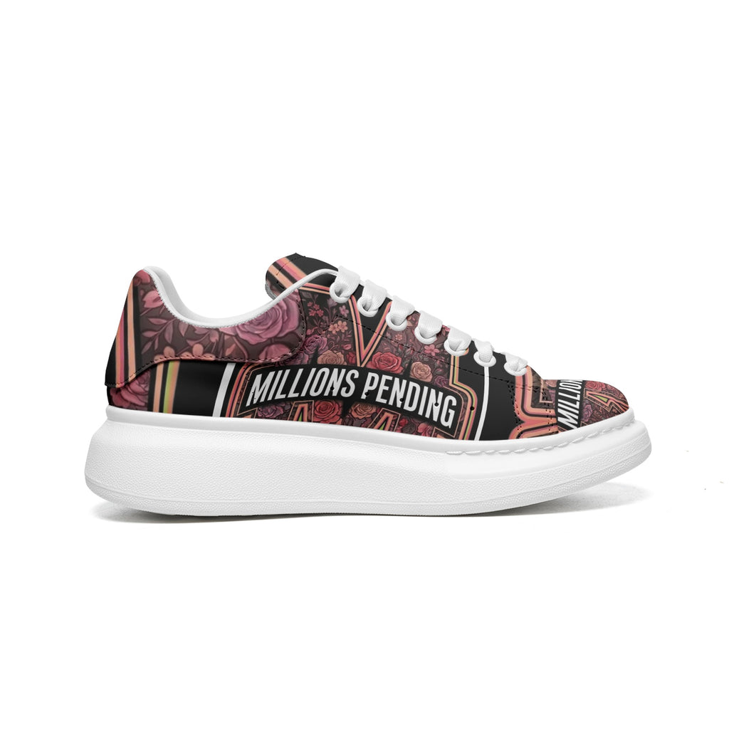 Side view: Women's NFEO Floral Platform Sneaker by Millions Pending, luxury tropical streetwear shoe with signature typography stamp branding.
