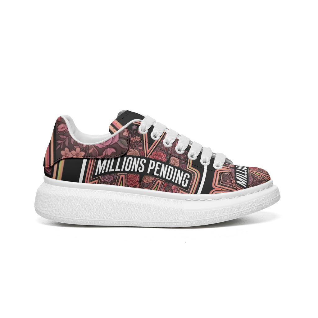 Right side view: Women's NFEO Floral Platform Sneaker by Millions Pending, luxury tropical streetwear shoe with signature typography stamp branding.
