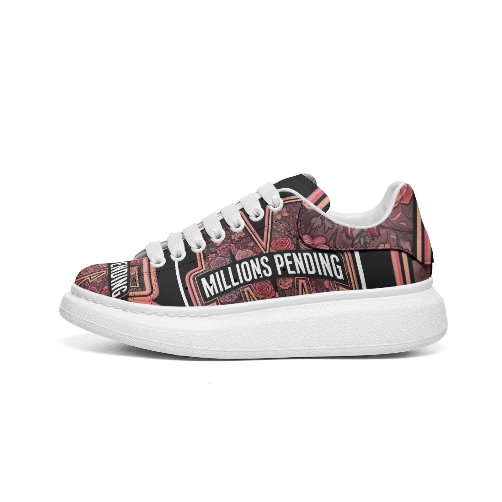 Left side view: Women's NFEO Floral Platform Sneaker by Millions Pending, luxury tropical streetwear shoe with signature typography stamp branding.
