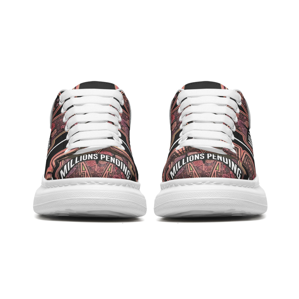 Front toes side by side view: Women's NFEO Floral Platform Sneaker by Millions Pending, luxury tropical streetwear shoe with signature typography stamp branding.
