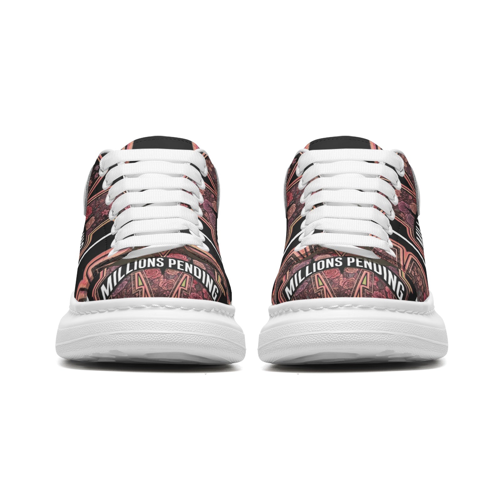 Front toes side by side view: Women's NFEO Floral Platform Sneaker by Millions Pending, luxury tropical streetwear shoe with signature typography stamp branding.
