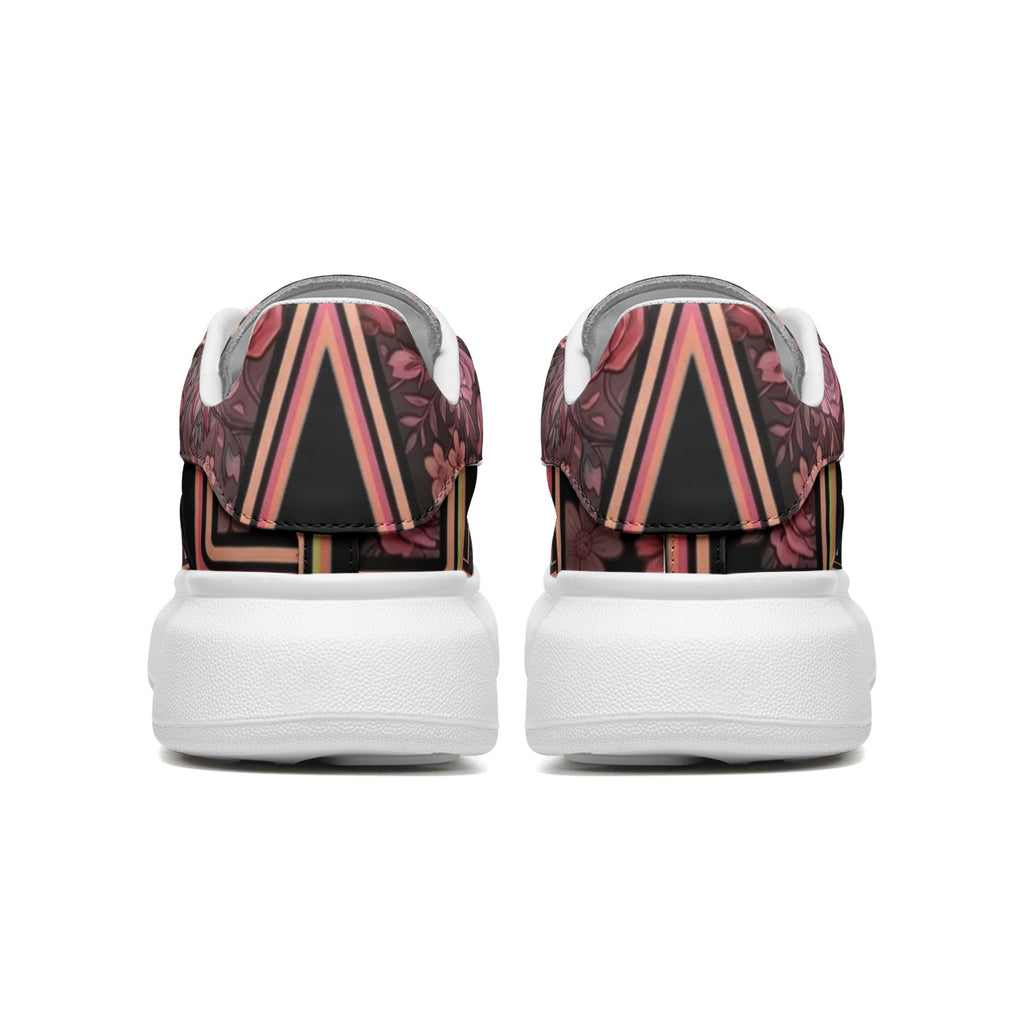 Back Heel view: Women's NFEO Floral Platform Sneaker by Millions Pending, luxury tropical streetwear shoe with signature typography stamp branding.
