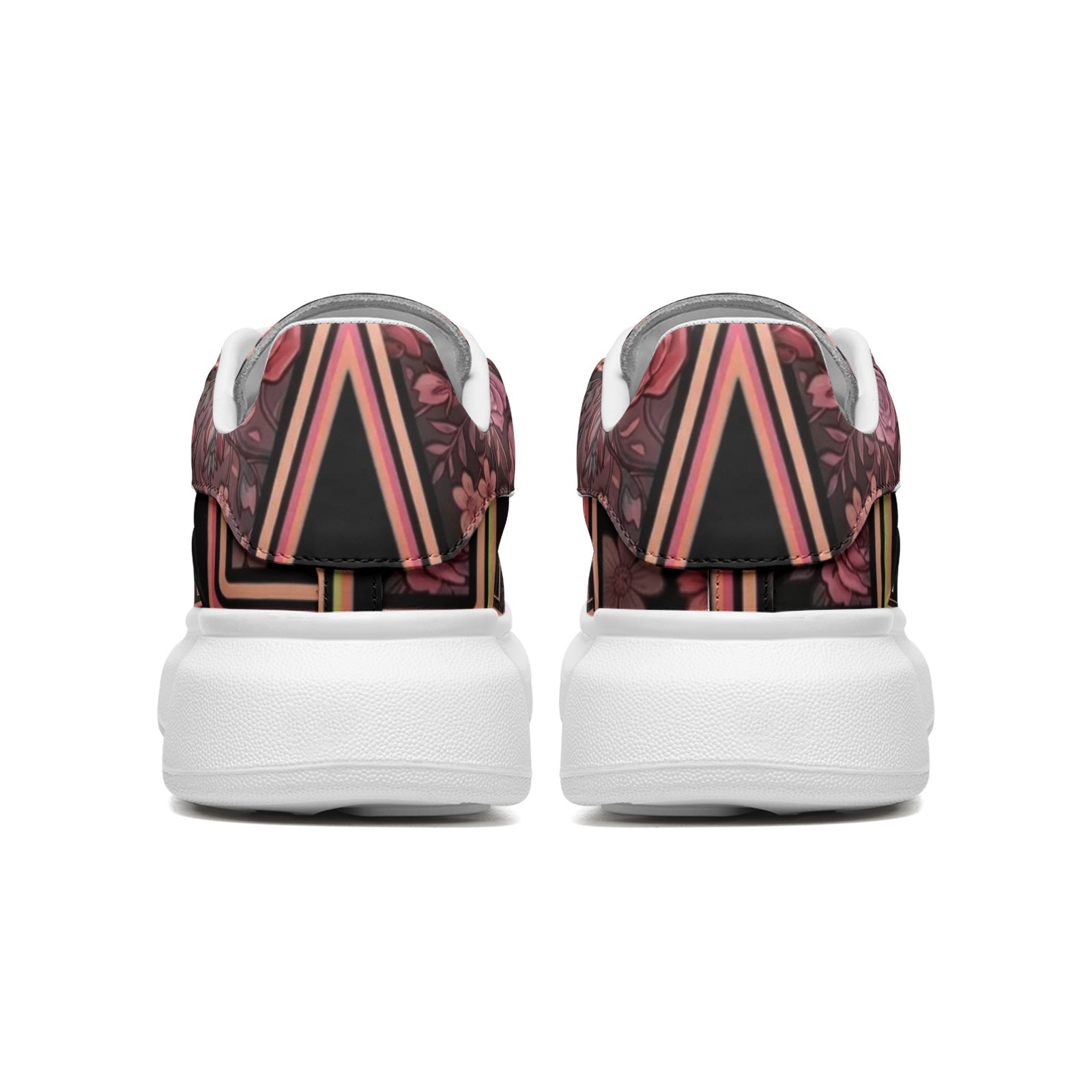 Back Heel view: Women's NFEO Floral Platform Sneaker by Millions Pending, luxury tropical streetwear shoe with signature typography stamp branding.
