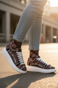 Birds eye view side by side: Women's NFEO Floral Platform Sneaker by Millions Pending, luxury tropical streetwear shoe with signature typography stamp branding.
