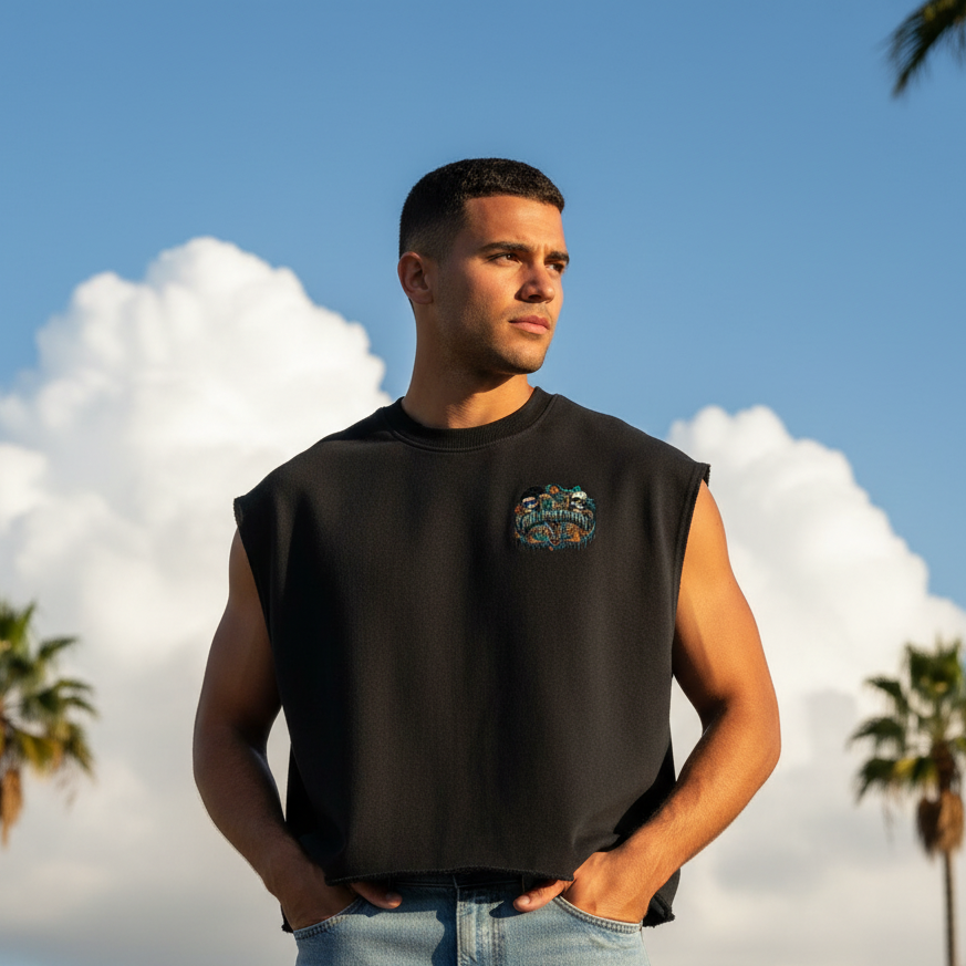 Millions Pending NFEO French Terry Boxy Tank Top. Premium heavyweight 340 GSM luxury streetwear for men. Custom graffiti print, urban designer apparel, high-end boxy fit. Entrepreneur fashion essential. BFTF style, limited edition luxury clothing. Urban streetwear aesthetic for the few.