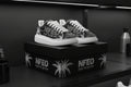 Side by side view: NFEO Smoke Gray Signature Designer Sneaker, Built For The Few luxury streetwear. Monochrome gray, black, and white custom urban footwear featuring signature palm tree pattern, bold NFEO typography, and premium modern aesthetics. High-fashion limited edition luxury sneaker for streetwear collectors. Authentic designer urban fashion brand. Sleek minimalist luxury footwear.