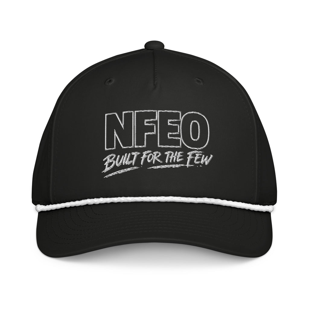 NFEO Richardson Rope Hat featuring bold 'Built For The Few' embroidery. Premium black snapback with signature white rope detail. Luxury streetwear headwear for entrepreneurs. A high-quality, structured essential accessory from the NFEO collection, representing the Built For The Few brand mission and elite urban fashion standards