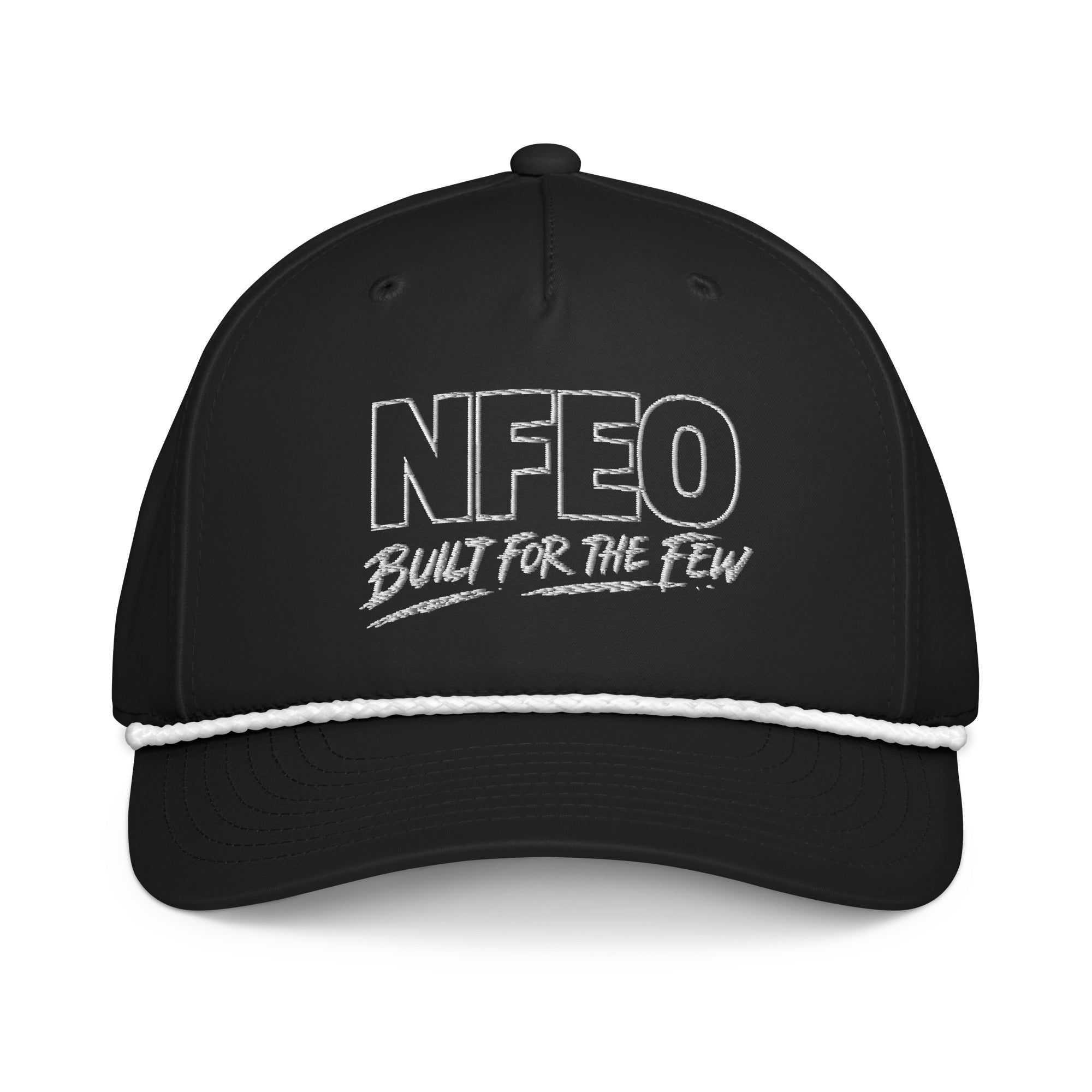 NFEO Richardson Rope Hat featuring bold 'Built For The Few' embroidery. Premium black snapback with signature white rope detail. Luxury streetwear headwear for entrepreneurs. A high-quality, structured essential accessory from the NFEO collection, representing the Built For The Few brand mission and elite urban fashion standards