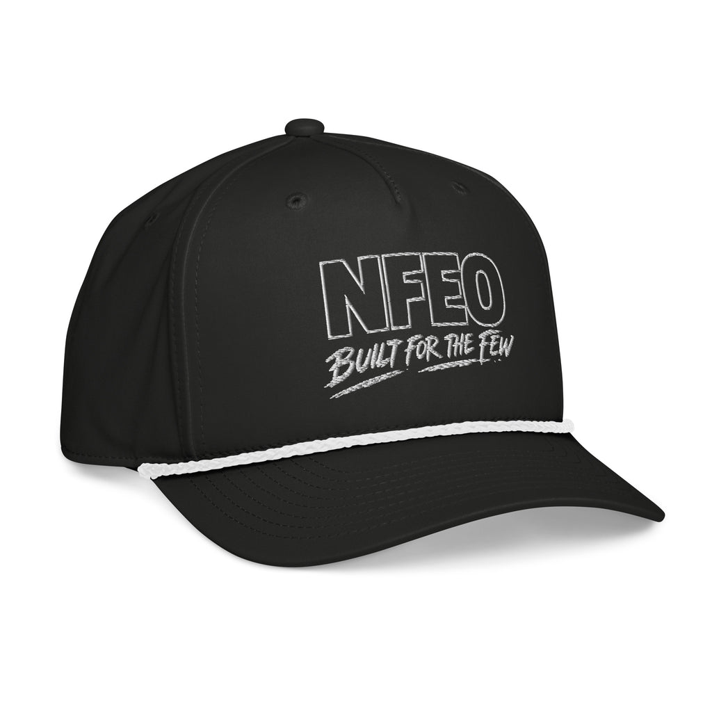 NFEO Richardson Rope Hat featuring bold 'Built For The Few' embroidery. Premium black snapback with signature white rope detail. Luxury streetwear headwear for entrepreneurs. A high-quality, structured essential accessory from the NFEO collection, representing the Built For The Few brand mission and elite urban fashion standards