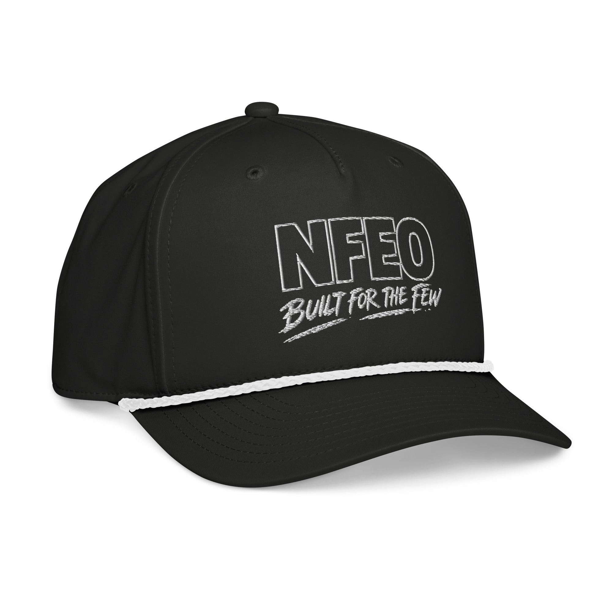 NFEO Richardson Rope Hat featuring bold 'Built For The Few' embroidery. Premium black snapback with signature white rope detail. Luxury streetwear headwear for entrepreneurs. A high-quality, structured essential accessory from the NFEO collection, representing the Built For The Few brand mission and elite urban fashion standards