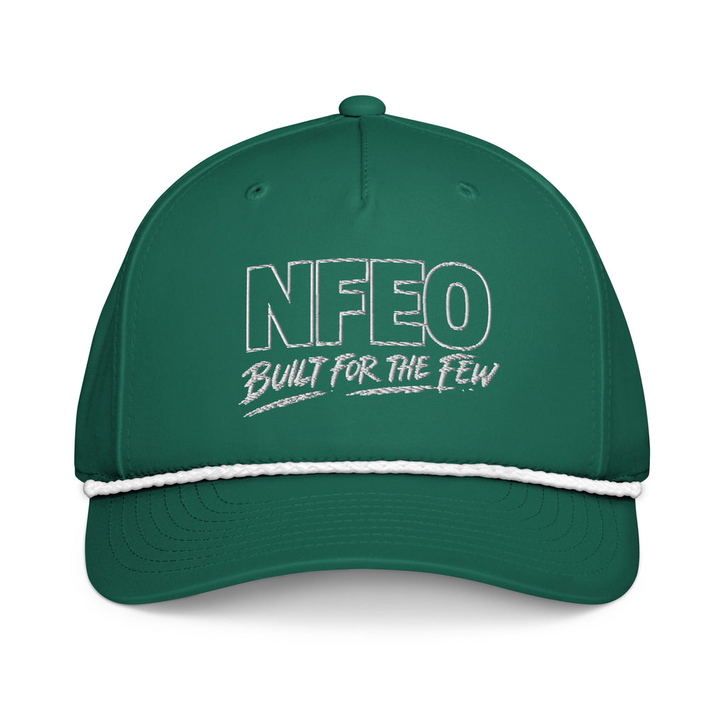 NFEO Richardson Rope Hat featuring bold 'Built For The Few' embroidery. Premium black snapback with signature white rope detail. Luxury streetwear headwear for entrepreneurs. A high-quality, structured essential accessory from the NFEO collection, representing the Built For The Few brand mission and elite urban fashion standards