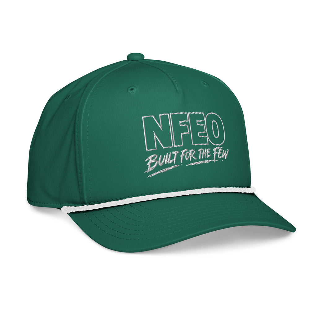 NFEO Richardson Rope Hat featuring bold 'Built For The Few' embroidery. Premium black snapback with signature white rope detail. Luxury streetwear headwear for entrepreneurs. A high-quality, structured essential accessory from the NFEO collection, representing the Built For The Few brand mission and elite urban fashion standards