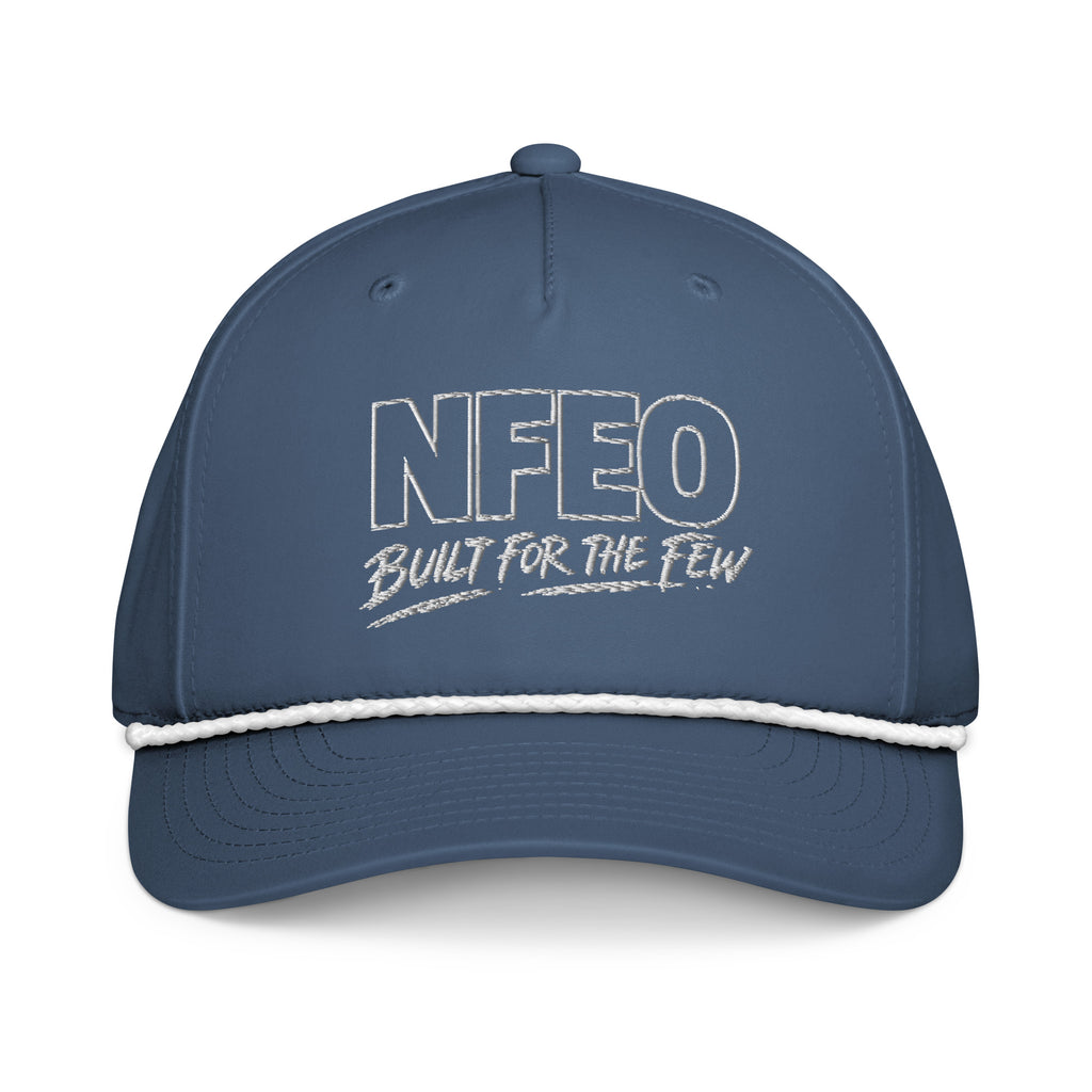 NFEO Richardson Rope Hat featuring bold 'Built For The Few' embroidery. Premium black snapback with signature white rope detail. Luxury streetwear headwear for entrepreneurs. A high-quality, structured essential accessory from the NFEO collection, representing the Built For The Few brand mission and elite urban fashion standards