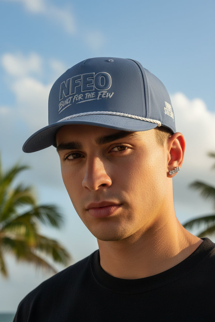 Male model: NFEO Richardson Rope Hat featuring bold 'Built For The Few' embroidery. Premium black snapback with signature white rope detail. Luxury streetwear headwear for entrepreneurs. A high-quality, structured essential accessory from the NFEO collection, representing the Built For The Few brand mission and elite urban fashion standards