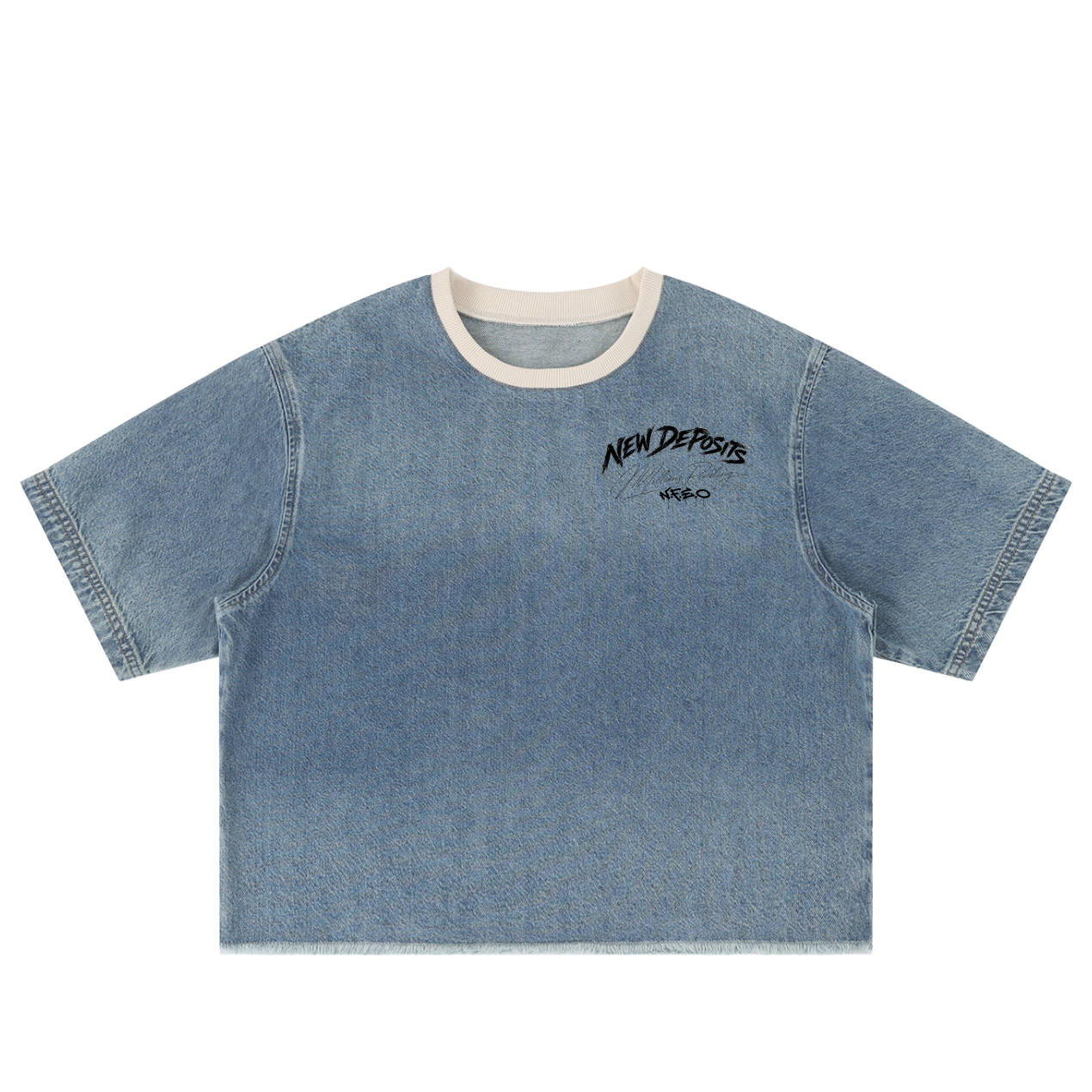 Front display of:
A light blue denim short-sleeve crop top with a cream-colored ribbed crew neck and black 'New Depop' text printed on the left chest, shown flat on a white background.