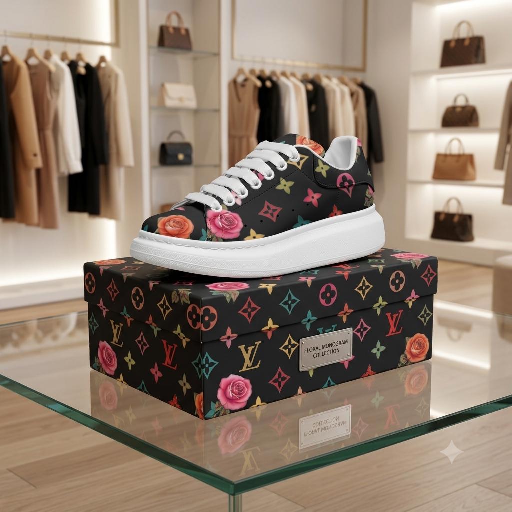 Custom Platform Sneakers Black Floral Shoes For Women Personalized Summer Gifts For Her Footwear