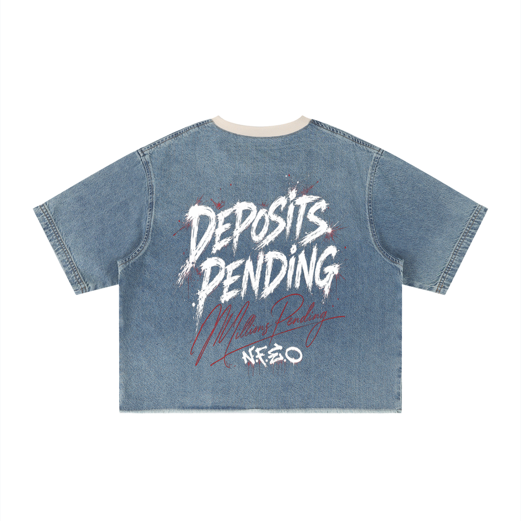 NFEO Streetwear Unisex Vintage Wash Boxy Raw Hem Denim T-Shirt Deposits Pending